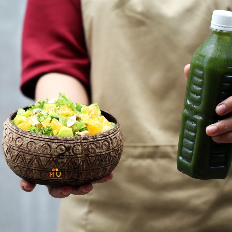Bát gáo dừa ăn salad/ngũ cốc/trái cây khắc hoa văn ngẫu nhiên