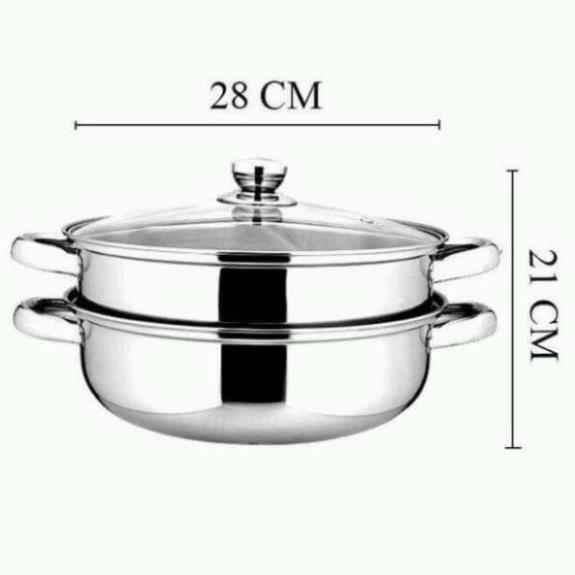 Nồi hấp inox 2 tầng kèm vung kính dùng được bếp từ