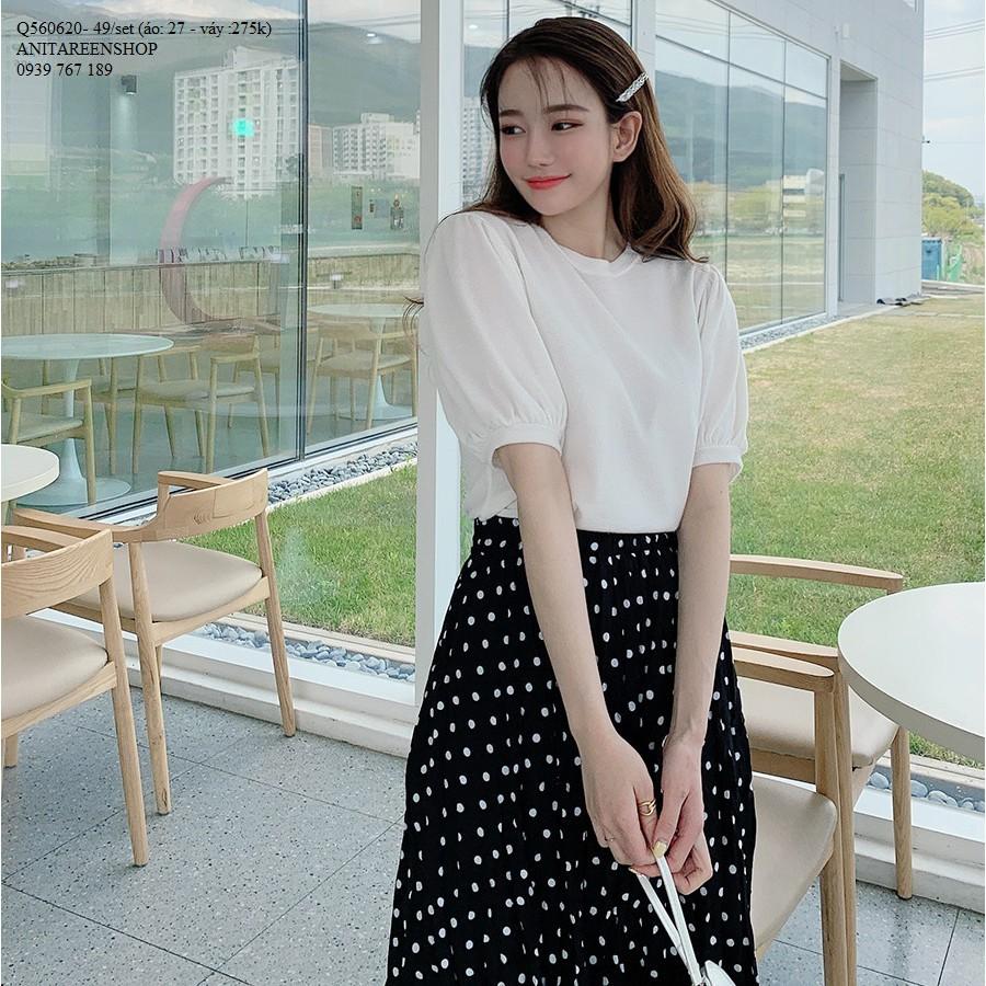 Q560620 SET ÁO KIỂU PHỐI CHÂN VÁY CHẤM BI