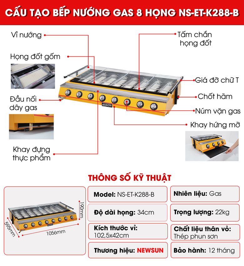 Bếp nướng gas 8 họng NS-ET-K288-B NEWSUN - Hàng chính hãng