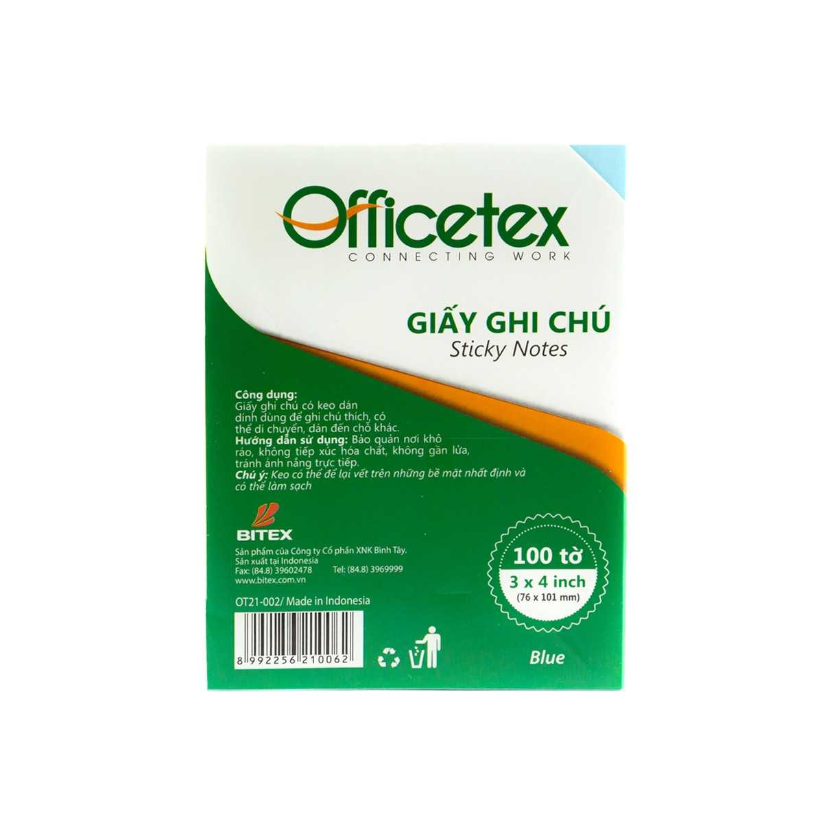 Bộ 3 Giấy ghi chú 3x4 OT21-002 màu xanh dương