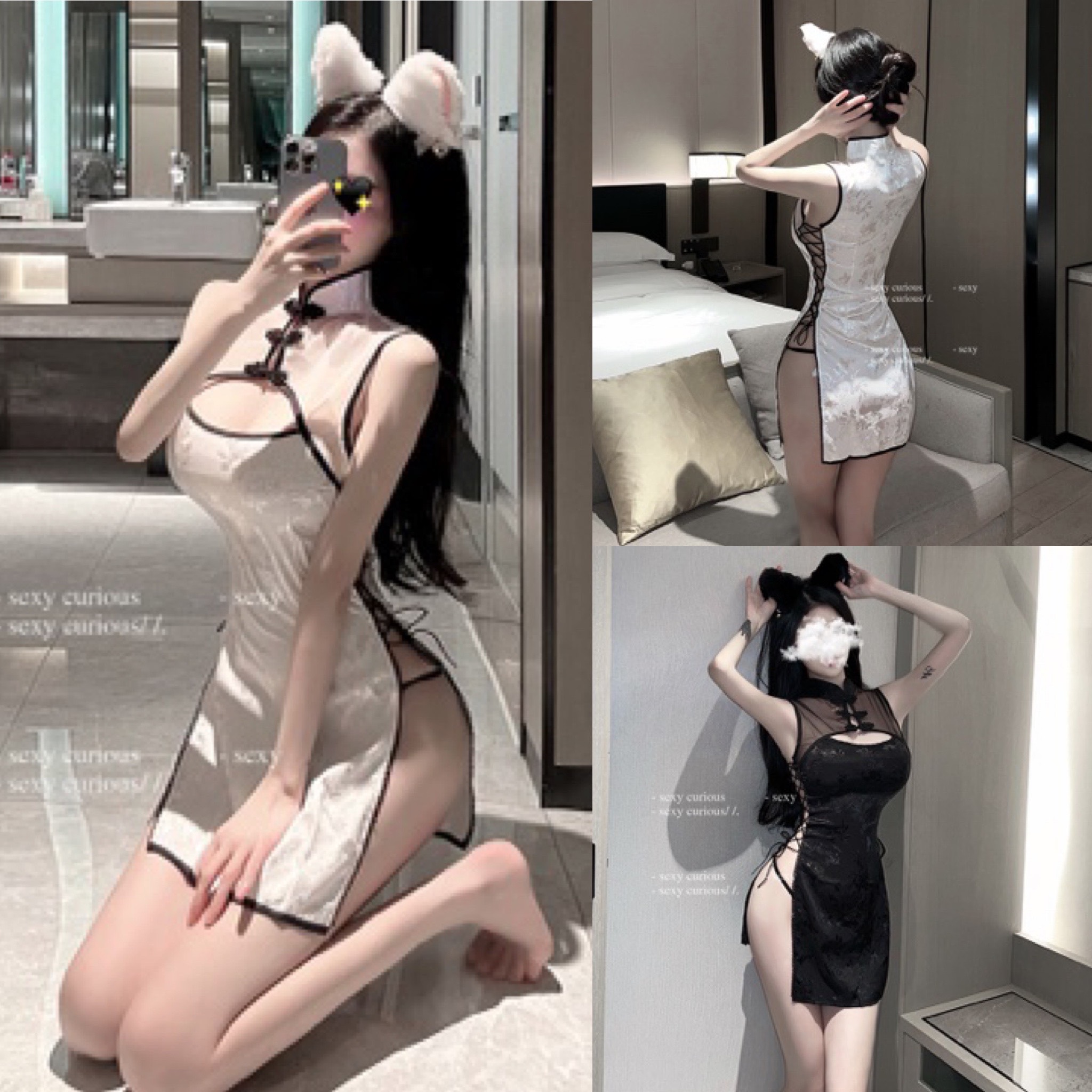 Váy ngủ sườn xám màng xuyên thấu sexy quyến rũ