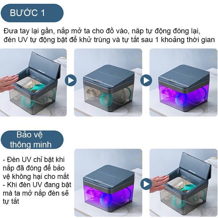 Hộp để đồ có đèn led tia UV khử trùng, với nắp cảm biến tự động đóng mở thông minh