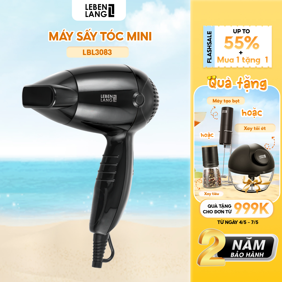 Máy sấy tóc mini Lebenlang LBL3083, chống xơ rối tóc bằng công nghệ ion 1200W, nhỏ gọn tiện lợi, tặng kèm túi đựng, bảo hành 2 năm - hàng chính hãng