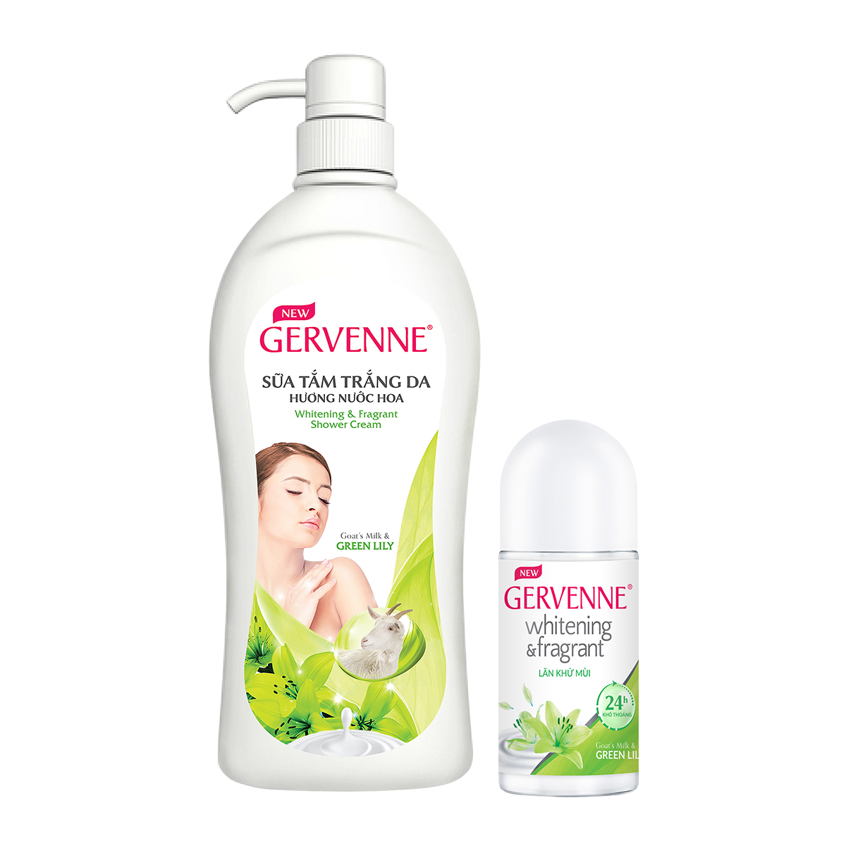 Gervenne Combo Sữa tắm trắng da hương nước hoa Green Lily 1200g và Lăn khử mùi trắng da Green Lily 50ml