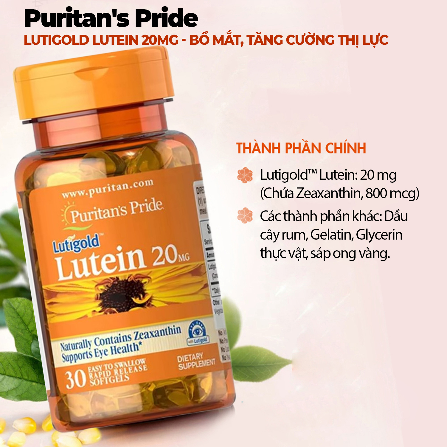 Viên Uống Bổ Mắt Tăng Cường Thị Lực Puritan's Pride Lutigold Lutein 20mg 30 viên