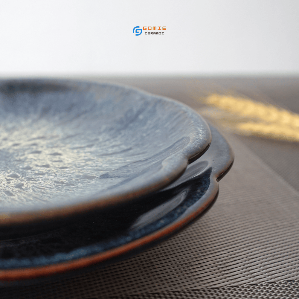 Đĩa hoa anh đào men cẩm lai Sapphire hỏa biến Gomie Ceramic Bát Tràng, men hỏa biến cao cấp, an toàn sức khỏe