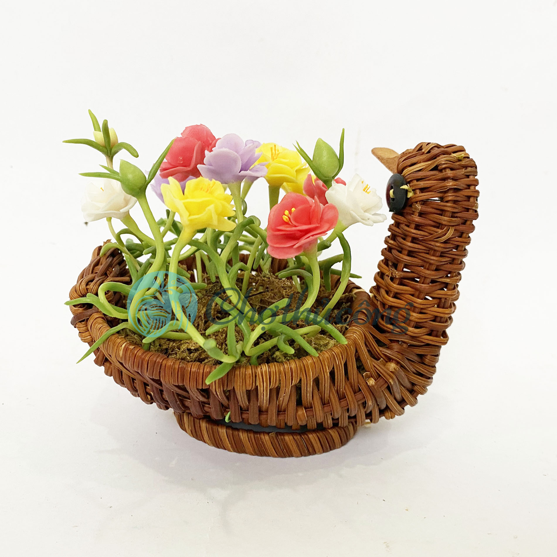 Giỏ hoa mười giờ đất sét mini Nhật Thái kết hợp Giỏ mây tre đan, rổ mây tự nhiên - chậu cây mini hoa handmade - chậu hoa giả để bàn, quà tặng handmade