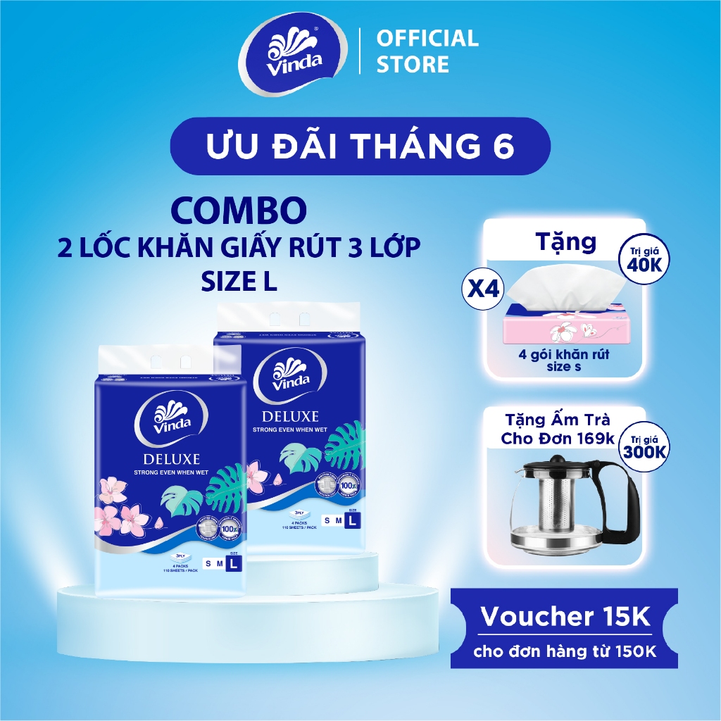 [MUA 2 LỐC KHĂN RÚT SIZE L TẶNG 1 LỐC SIZE S] Khăn giấy rút cao cấp Vinda Deluxe 3 lớp 110 tờ size L (4 Gói)
