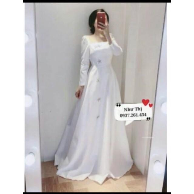 Đầm dạ hội phi trắng tay dài + cài đá ngôi sao, đầm cô dâu đơn giản,  đầm trắng dài