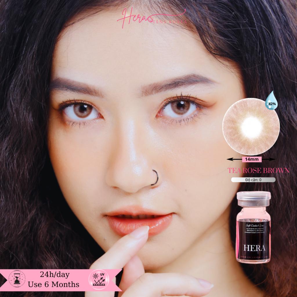 Kính Áp Tròng Hera Nâu Hồng Trà 0 - 6 Độ TEA ROSE BROWN Nhập Khẩu Hàn Quốc Lens Cận 6 Tháng