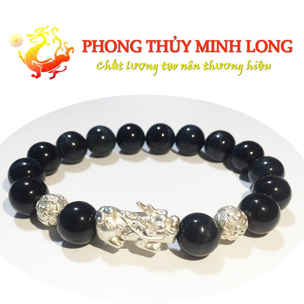 Vòng tay đá mắt hổ Chim Ưng xanh đen chất lượng 5A mix tỳ hưu và 2 hạt kim tiền Bạc hợp mệnh Thủy và Mộc