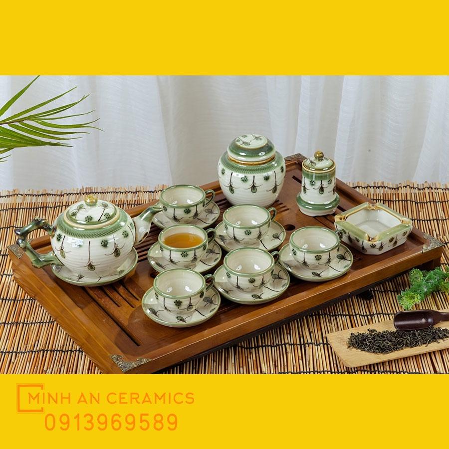 Bộ trà men tro cổ dáng gốc cây hoa văn vẽ tay thủ công 450ml gốm Minh An Bát Tràng