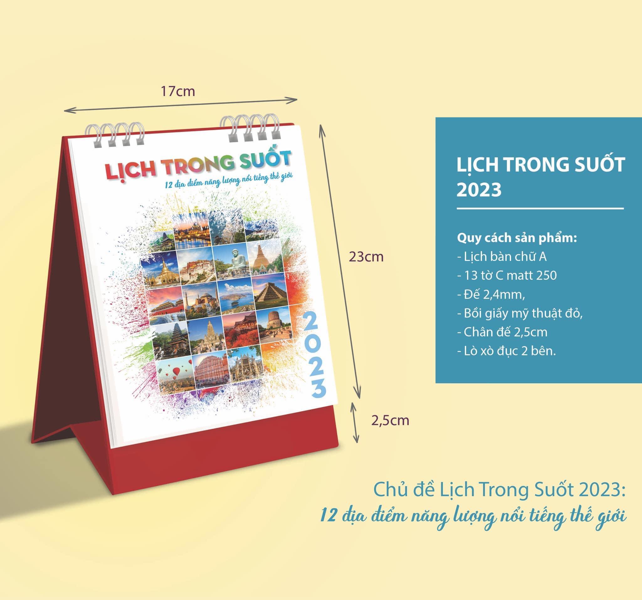 Lịch để bàn trong suốt 2023 hoạ tiết 12 địa điểm năng lượng nổi tiếng