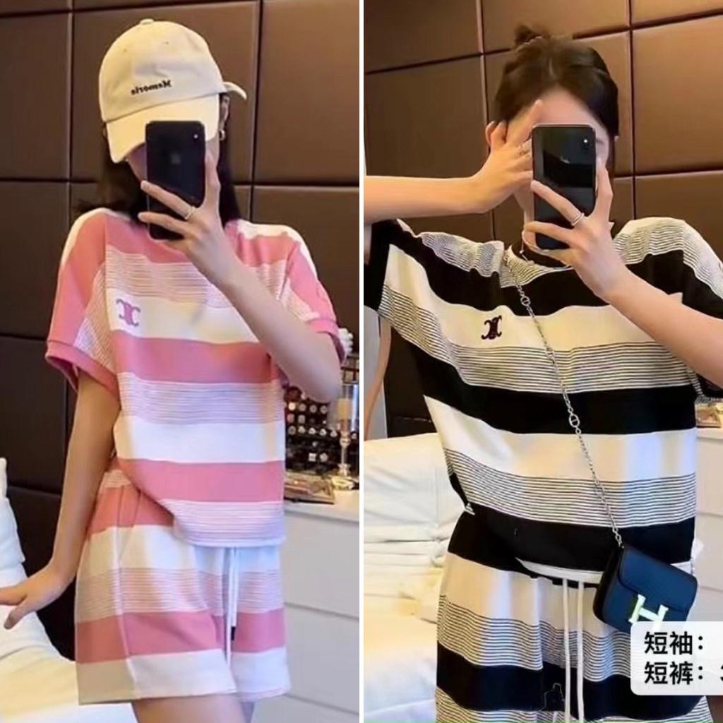 Set bộ len áo + quần ngắn kẻ ngang thêu C.N
