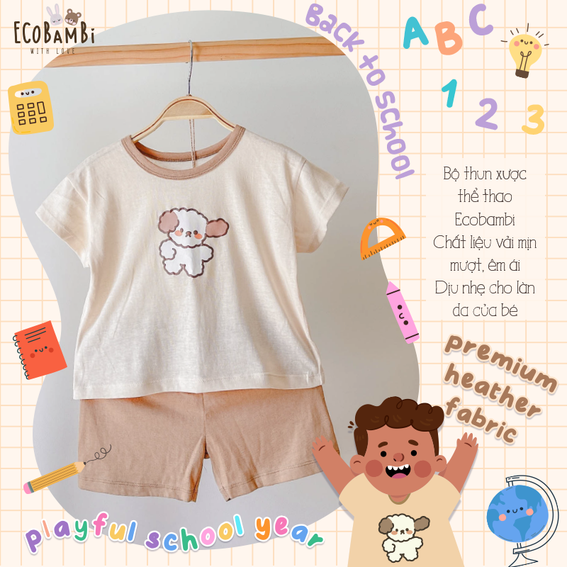 Bộ UNISEX quần LỠ thun cotton Heather phong cách Hàn Quốc in hoạ tiết nổi dễ thương cho bé ECOBAMBI