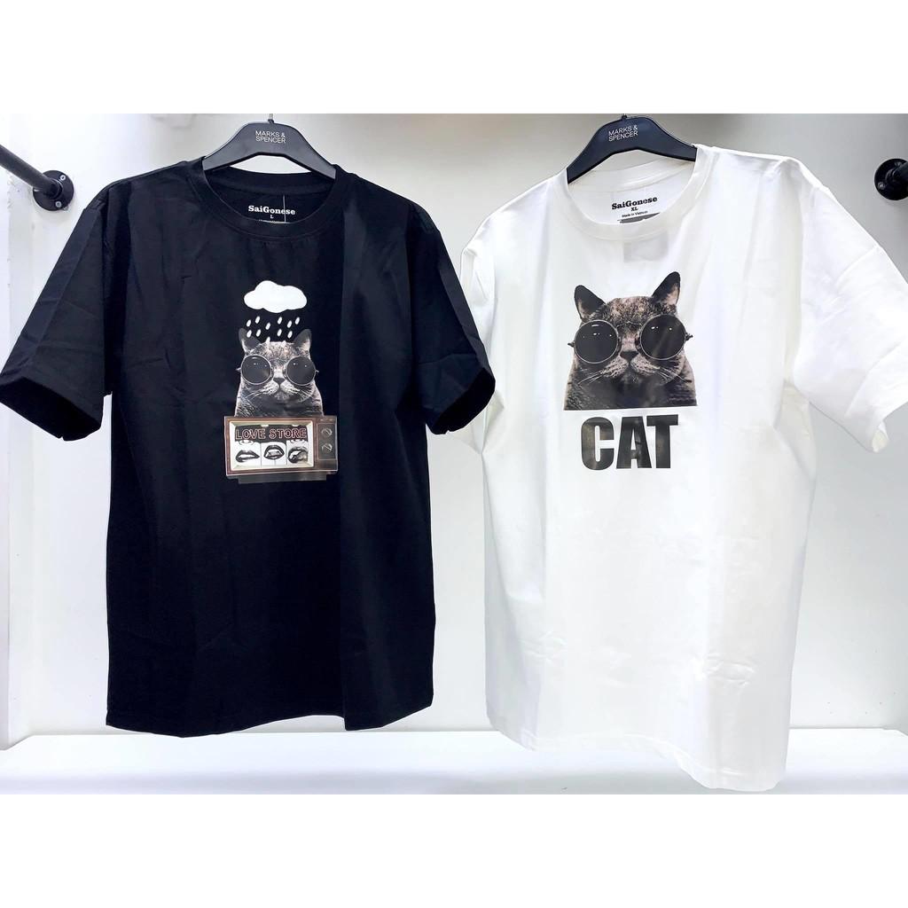 Áo Thun Cotton Nam Nữ Hình Mèo Dễ Thương Unisex