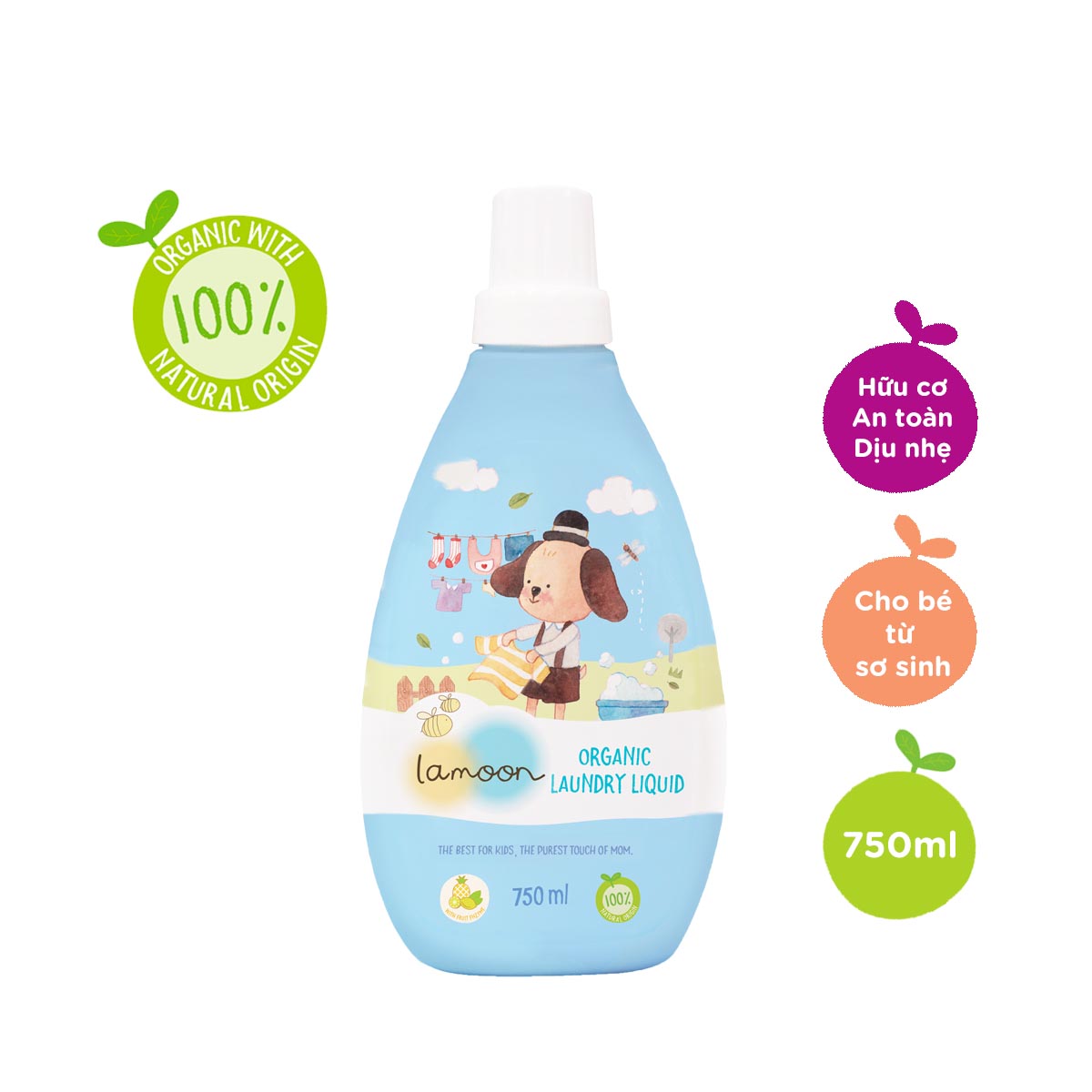 COMBO 2 Bình Nước giặt đồ sơ sinh Organic Lamoon 750ml TẶNG 1 Bình Sữa PP Ty Siêu Mềm Tự Nhiên 150ml