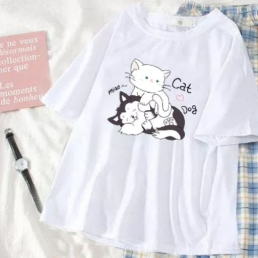 Sét Bộ Nữ SS18, Sét Đồ Nữ Đi Chơi Đẹp In Mèo Và Cún Dễ Thương, Sét Áo Vải Cotton, Hình In Sắc Nét Và Quần Kẻ Màu Cá Tính