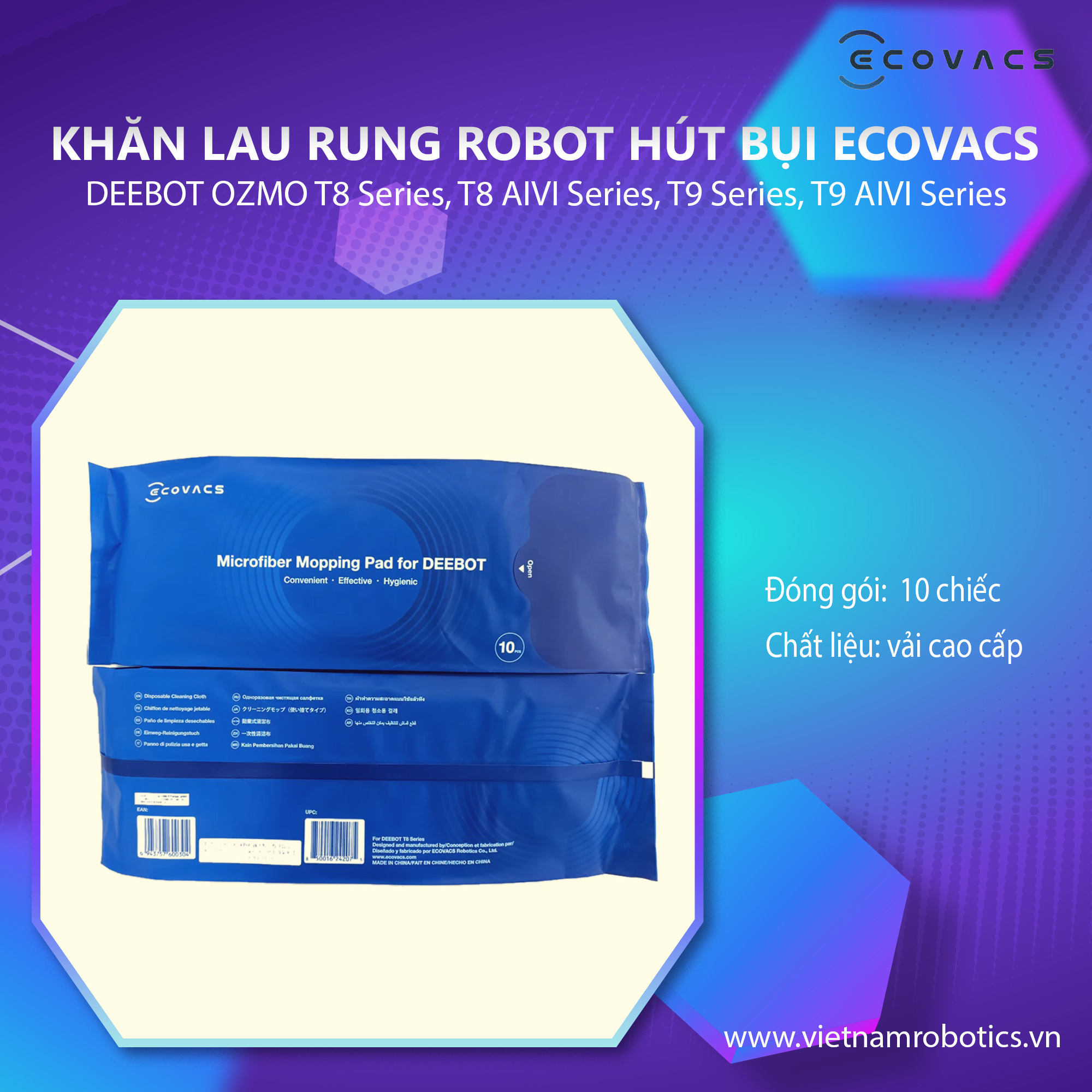 Combo 10 Khăn lau rung T8, T9 - Sử dụng cho Deebot T8, T9 - Hàng chính hãng