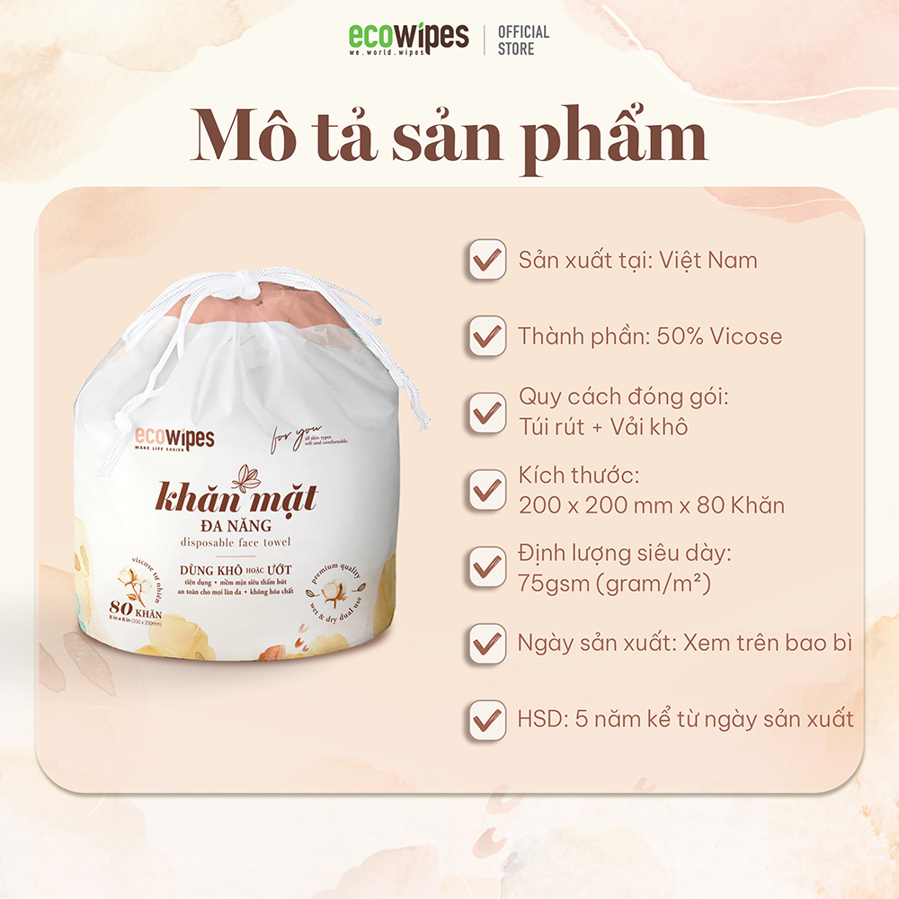 Khăn mặt khô đa năng Ecowipes cuộn 80 tờ size khăn 20x20cm dùng 1 lần lau khô lau ướt giấy lau mặt dùng một lần