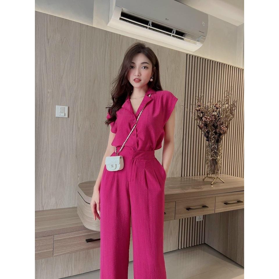 Set bộ nữ áo cánh dơi cổ vest kết hợp quần suông sanh chảnh dành cho các nàng đi chơi, đi làm