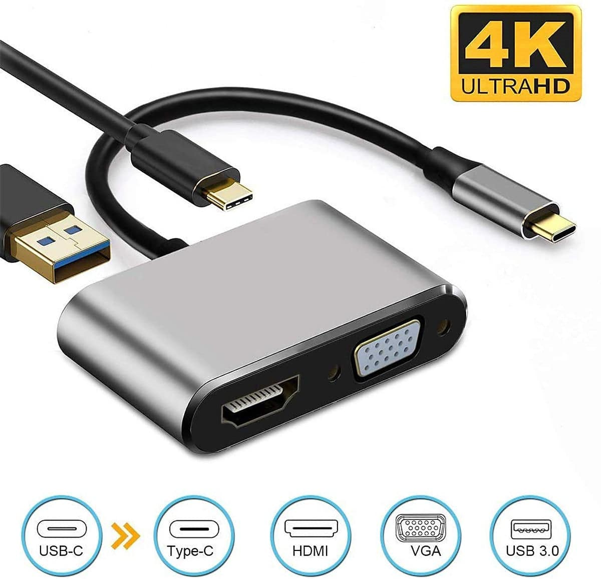 Bộ chuyển đổi USB Type-C sang HDMI, VGA, USB 3.0,PD, Hub 4 in 1 dùng cho điện thoại, máy tính, Macbook có hỗ trợ TypeC