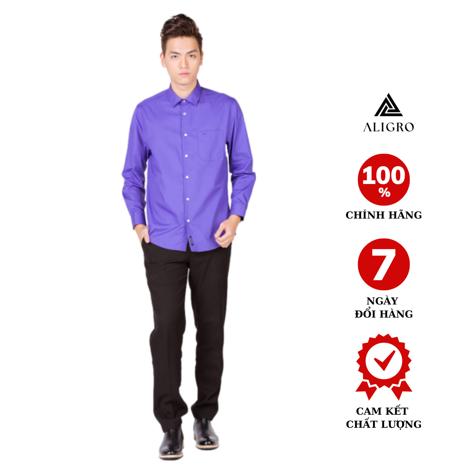 Áo sơ mi nam dài tay ALIGRO cổ bẻ dáng ôm body 100% chất cotton màu tím ALGS090