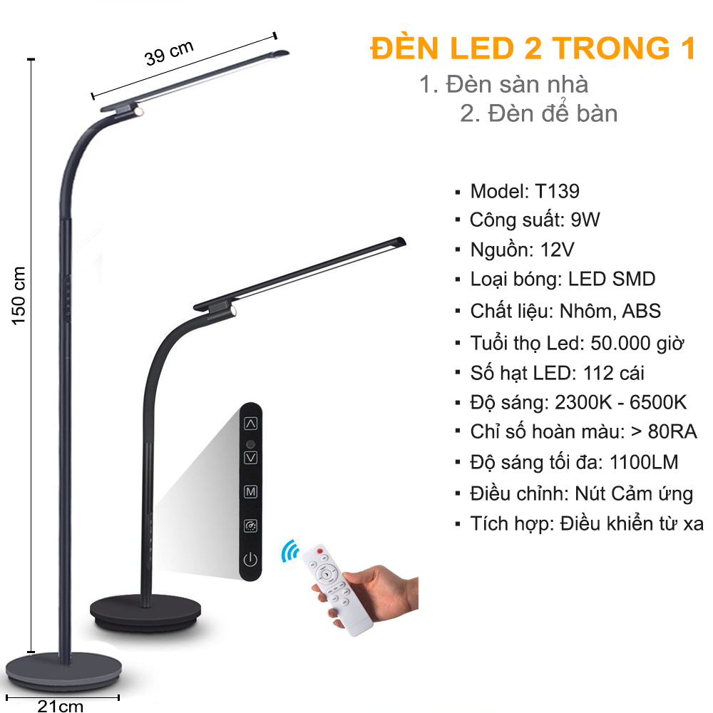 Đèn đọc sách đứng để sàn tích hợp đèn bàn học và làm việc Led 9W, Cảm ứng 5 chế độ ánh sáng, Có điều khiển từ xa