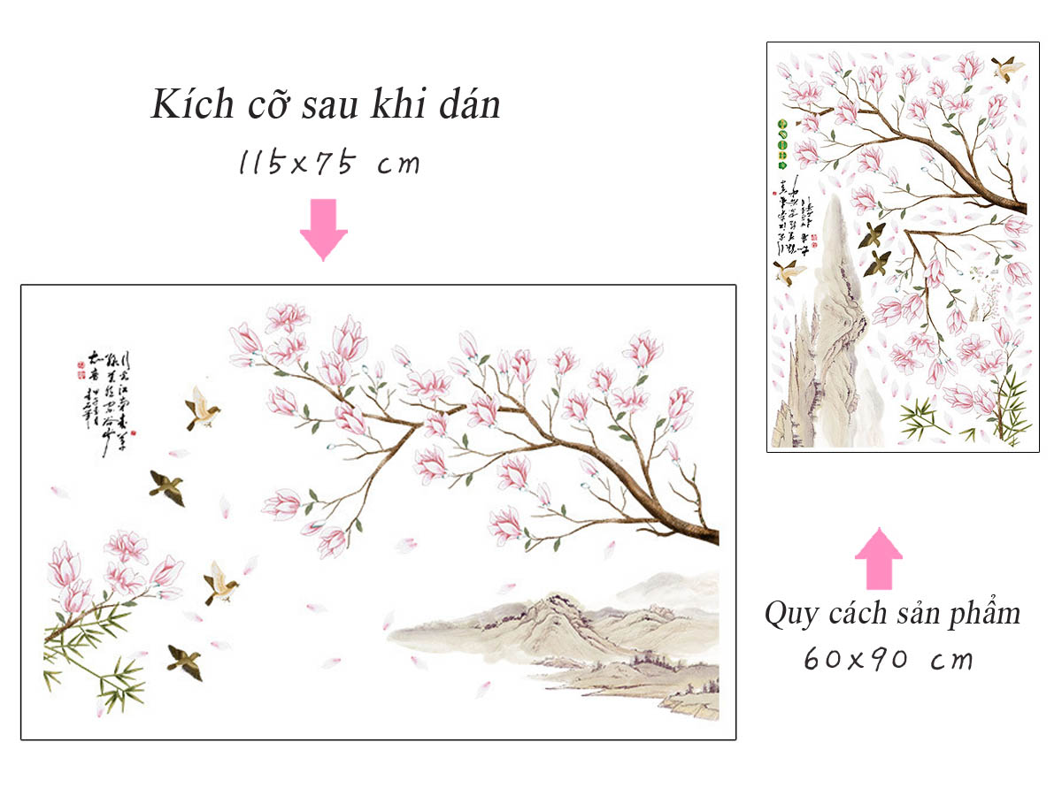 Decal trang trí tết- hoa đào phong thủy núi sông
