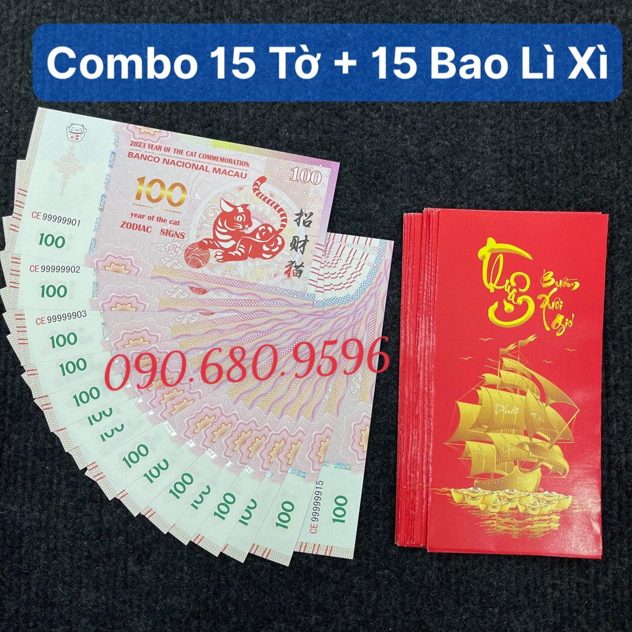 Combo 15 Tờ Tiền Con Mèo Macao 100 Kèm Bao Lì Xì THUẬN BUỒM XUÔI GIÓ, Lì Xì Tết 2023 Độc Lạ, May Mắn