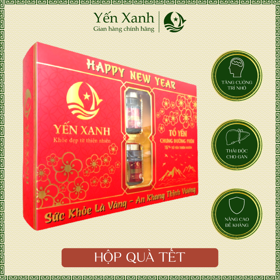 Hộp quà tết - Nước tổ yến sào chưng đường phèn - Yến Xanh - 15% tổ yến - Hộp 6 lọ x 70ml tặng kèm túi xách