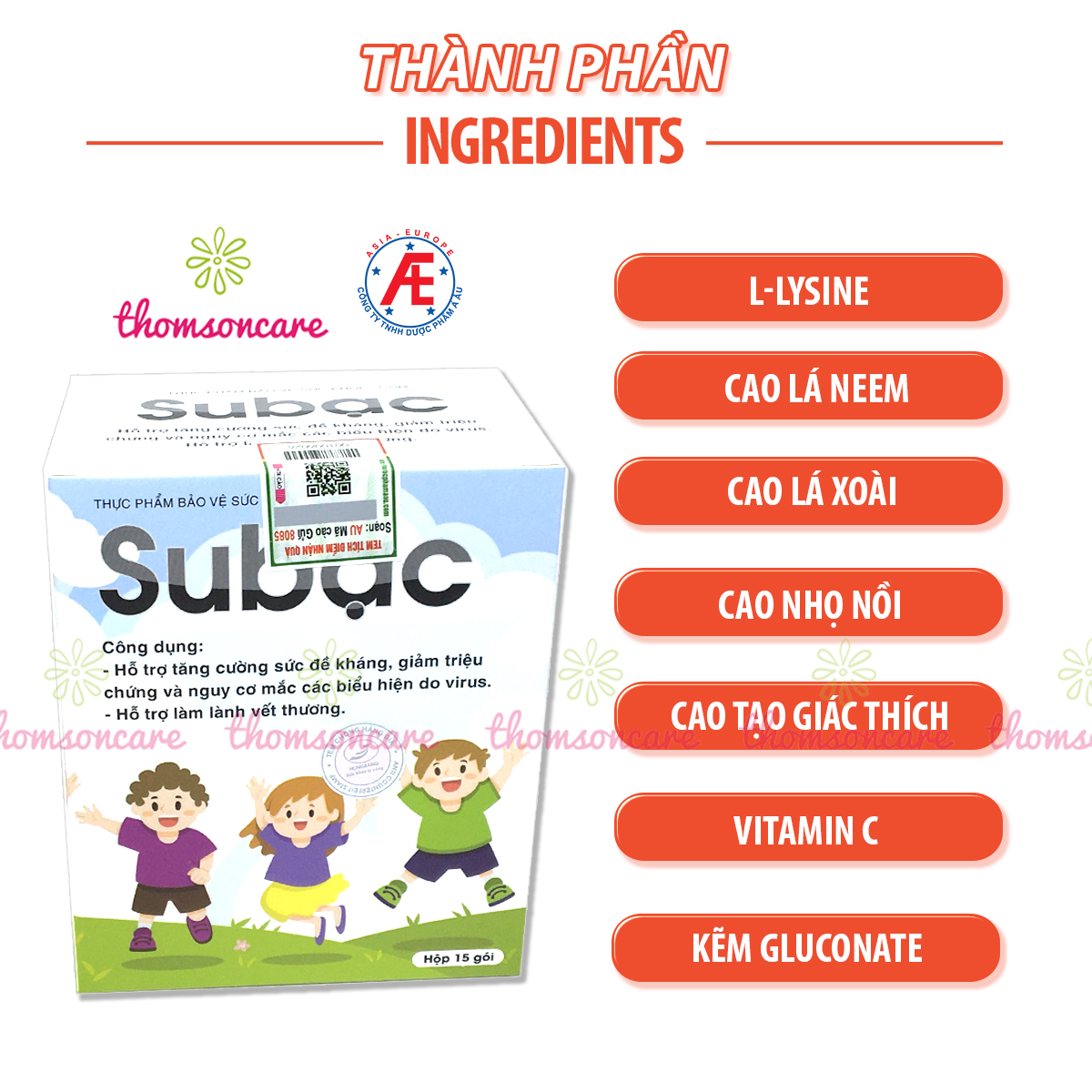 Cốm Su Bạc - Tăng cường sức đề kháng, hệ miễn dịch cho bé - Subac từ lysine, cao lá xoài, vitamin C