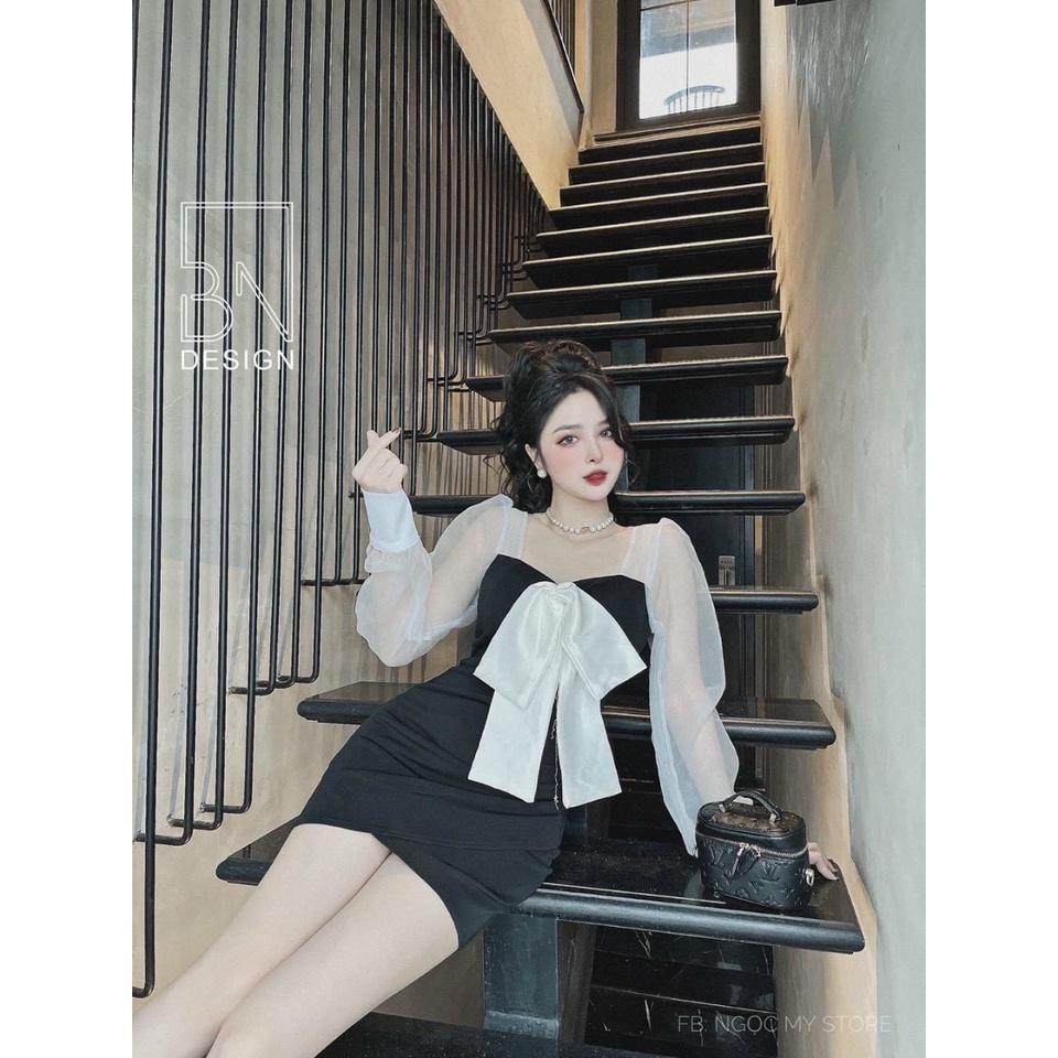 Đầm váy nữ cổ vuông tay dài phối lưới ngực tết nơ from ôm body tà chéo sexy, quyến rũ thời trang nữ dự tiệc