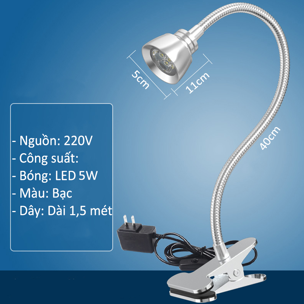 Đèn đọc sách đầu giường kẹp đầu giường LED 5W - 220V, Ánh sáng chiếu rọi điểm, Thân đèn Kim loại