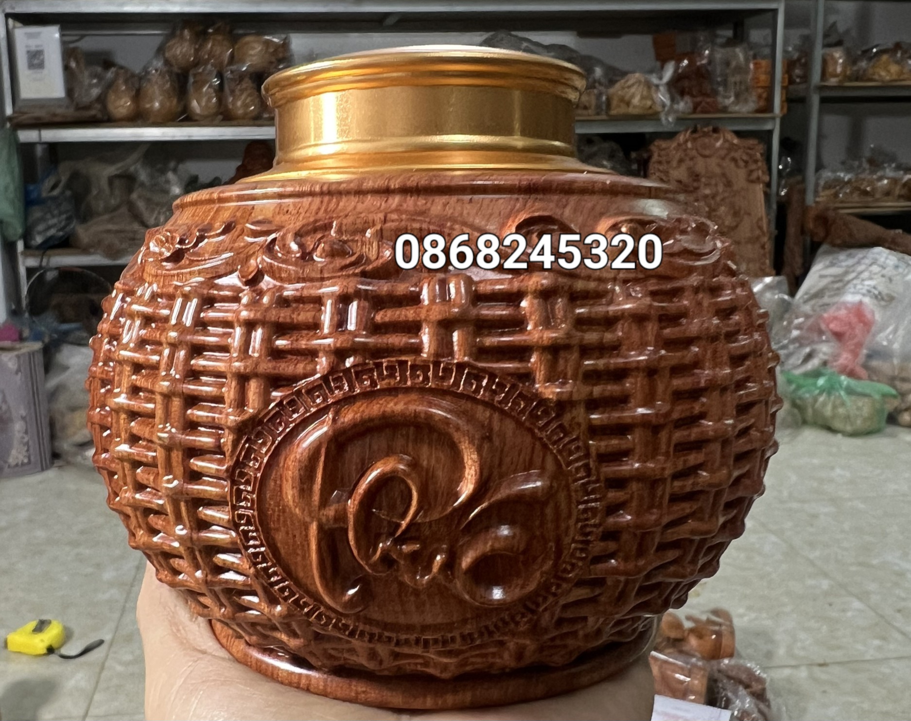 Hũ phúc lộc thọ phong thủy bằng gỗ hương đá kt 14×24×12cm