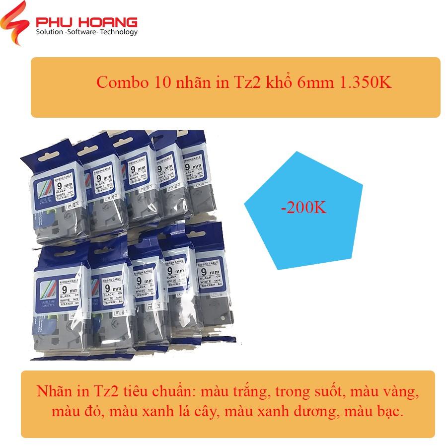 Combo 10 nhãn in Tz2, Hze, Pze khổ 6mm, đa lớp, chống trầy, chống thấm