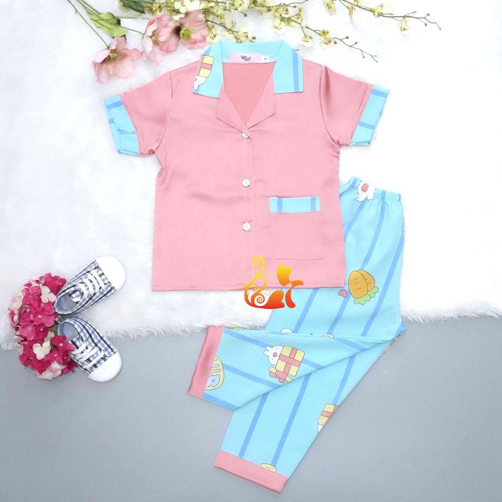 Đồ Bộ Pijama Satin &quot;Cà rốt &quot; Áo Phối Trơn Quần Dài Cho Bé - Từ 12kg - 42kg