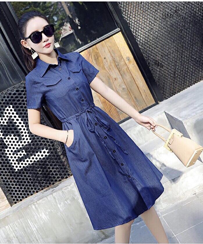 ĐẦM JEAN XOÈ EO DÂY RÚT - Hàng Jean Xuất Khẩu
