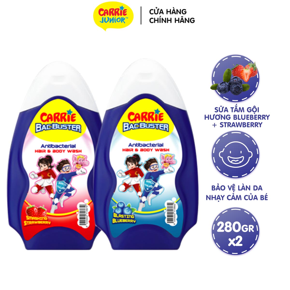 Combo 2 sữa tắm Bacbuster Carrie Junior hương Strawberry + Blueberry (280g x 2)