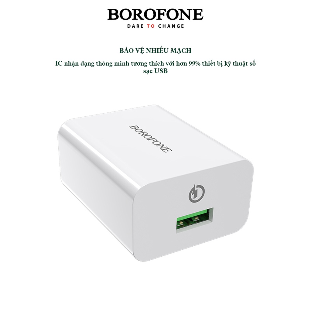 Củ Sạc Nhanh 18W - QC3.0 BOROFONE BA21 cổng USB hỗ trợ sạc nhanh 50% pin trong vòng 30p, có chip điều khiển dòng điện an toàn bảo vệ máy - Hàng Chính Hãng