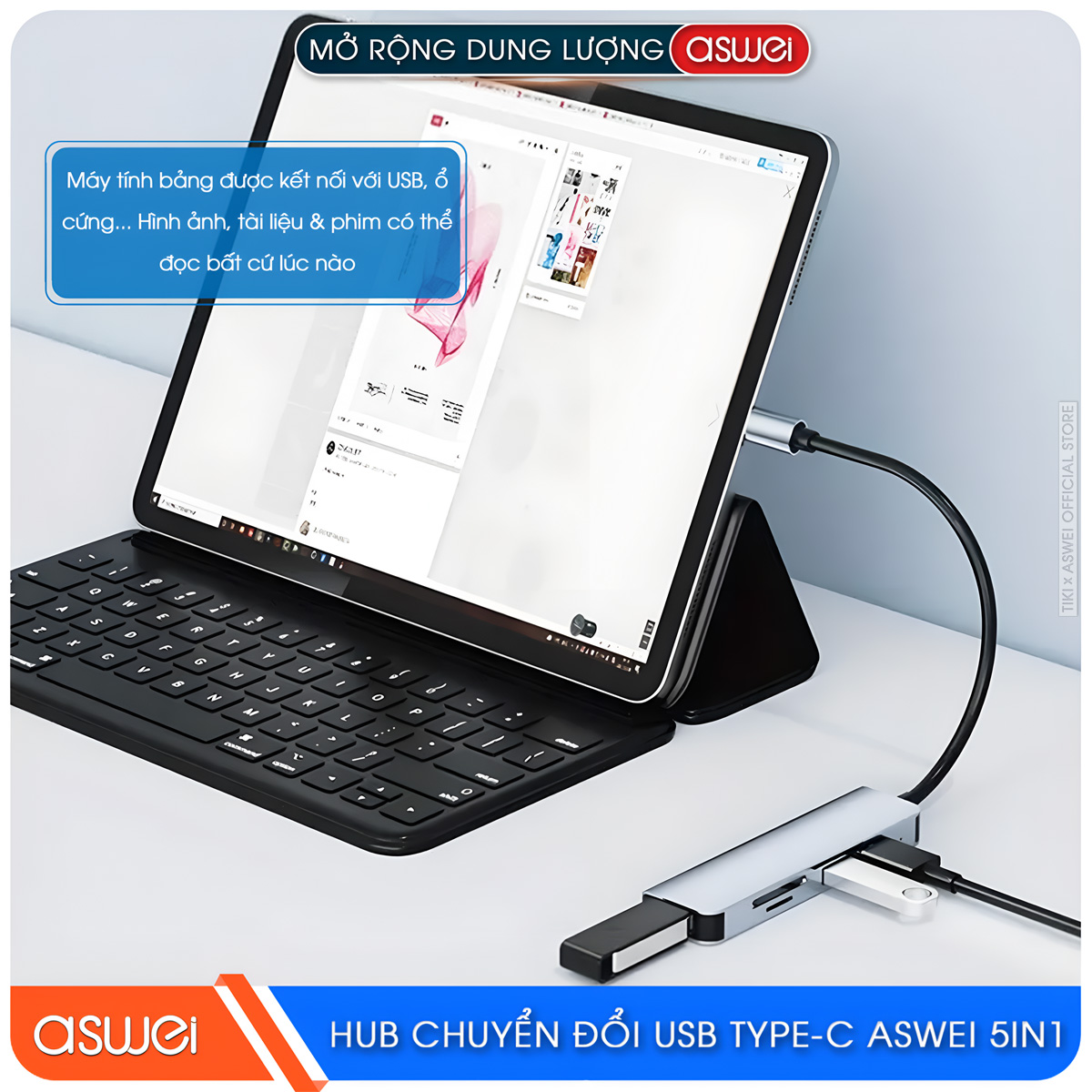 Hub Chuyển Đổi USB Type C ASWEI 5 in 1 - USB 3.0, SD, TF Tốc Độ Cao - Hàng Chính Hãng