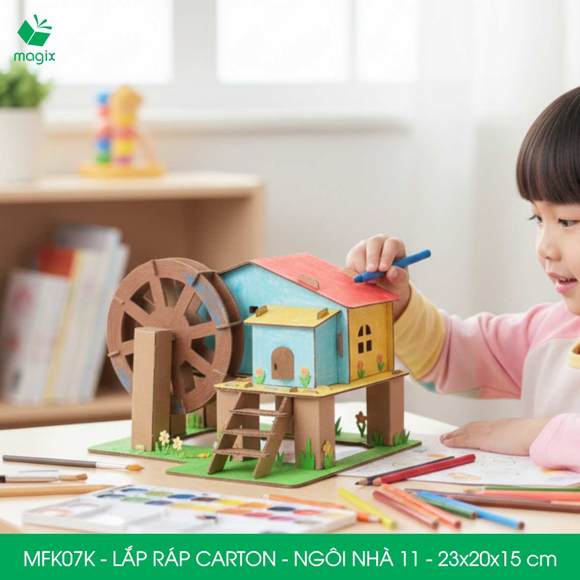 MFK07K - 23x20x15 cm - Mô hình ngôi nhà lắp ráp từ bìa carton cao cấp, nhà giấy carton mini sáng tạo