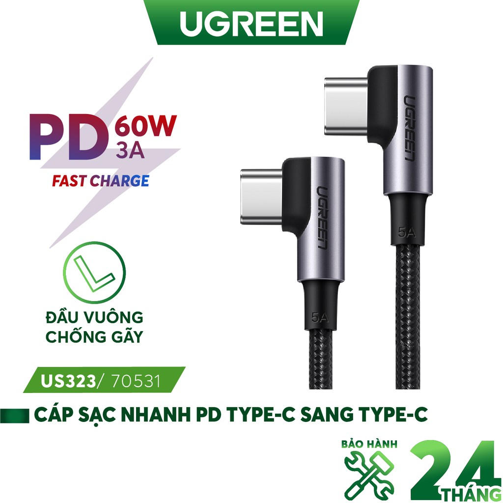 Hình ảnh Cáp sạc Type-C sang Type-C UGREEN US323 - Sạc nhạnh PD 60W 3A - Đầu vuông góc chống gập gãy - Hàng nhập khẩu chính hãng