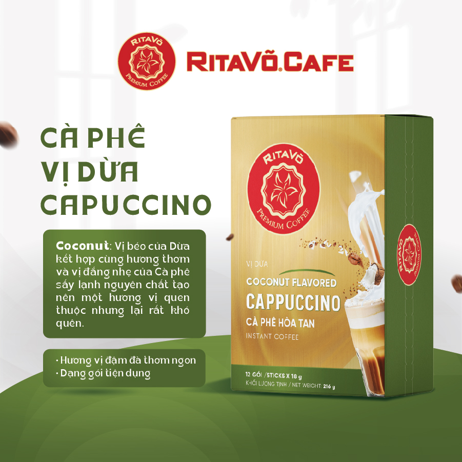 Cà phê hoà tan Rita Võ Cafe Cappuccino coconut [Hộp 216g x 12 gói]