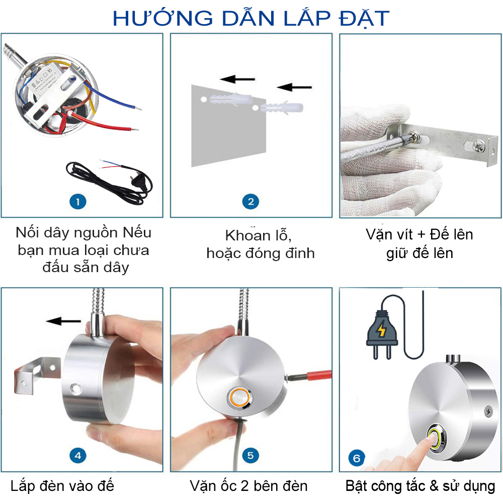 Đèn đọc sách đầu giường, Loại gắn tường, Ánh sáng chiếu rọi điểm 3W, Nguồn 220V