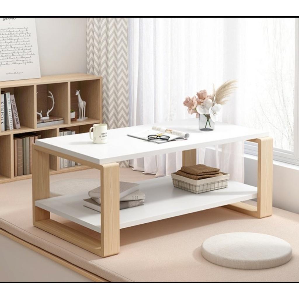 Bàn trà kiểu Nhật chân gỗ sồi 2 tầng cao cấp màu vân gỗ sáng , bàn sofa 2 tầng kích thước 120*60*43cm