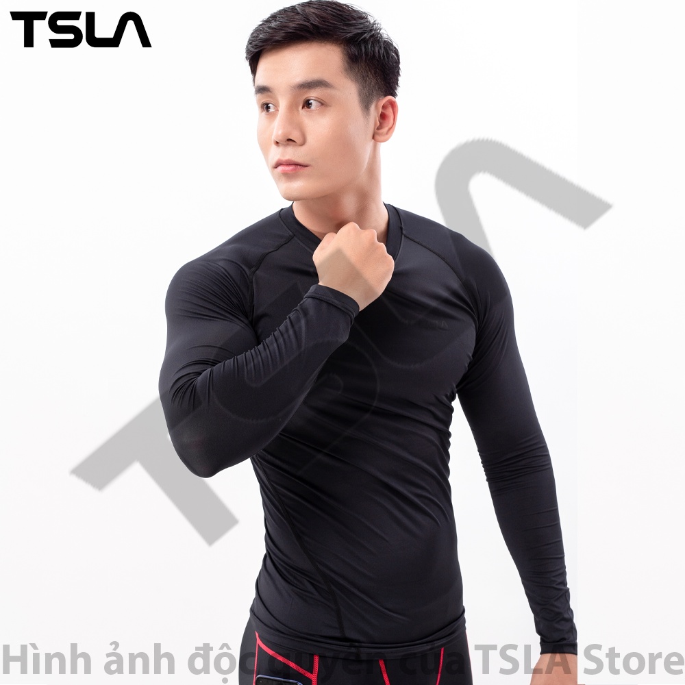 Áo giữ nhiệt thể thao nam dài tay cổ tròn TSLA lót lông chất thun form ôm body co giãn bóng đá bóng rổ gym thu đông