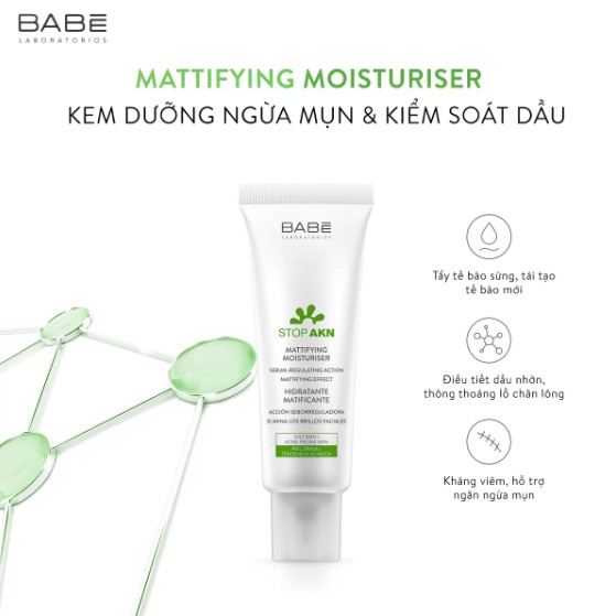 Kem dưỡng ẩm cho da dầu mụn BABE Stop AKN Mattifying Moisturiser (50ml)