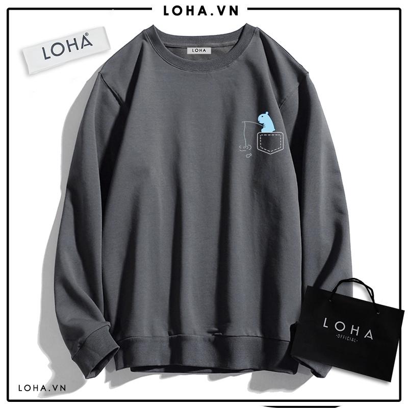 Áo Sweater In Hinh Túi Giả LOHA Basic, áo nỉ Nhật cao cấp dài tay Unisex LOHA